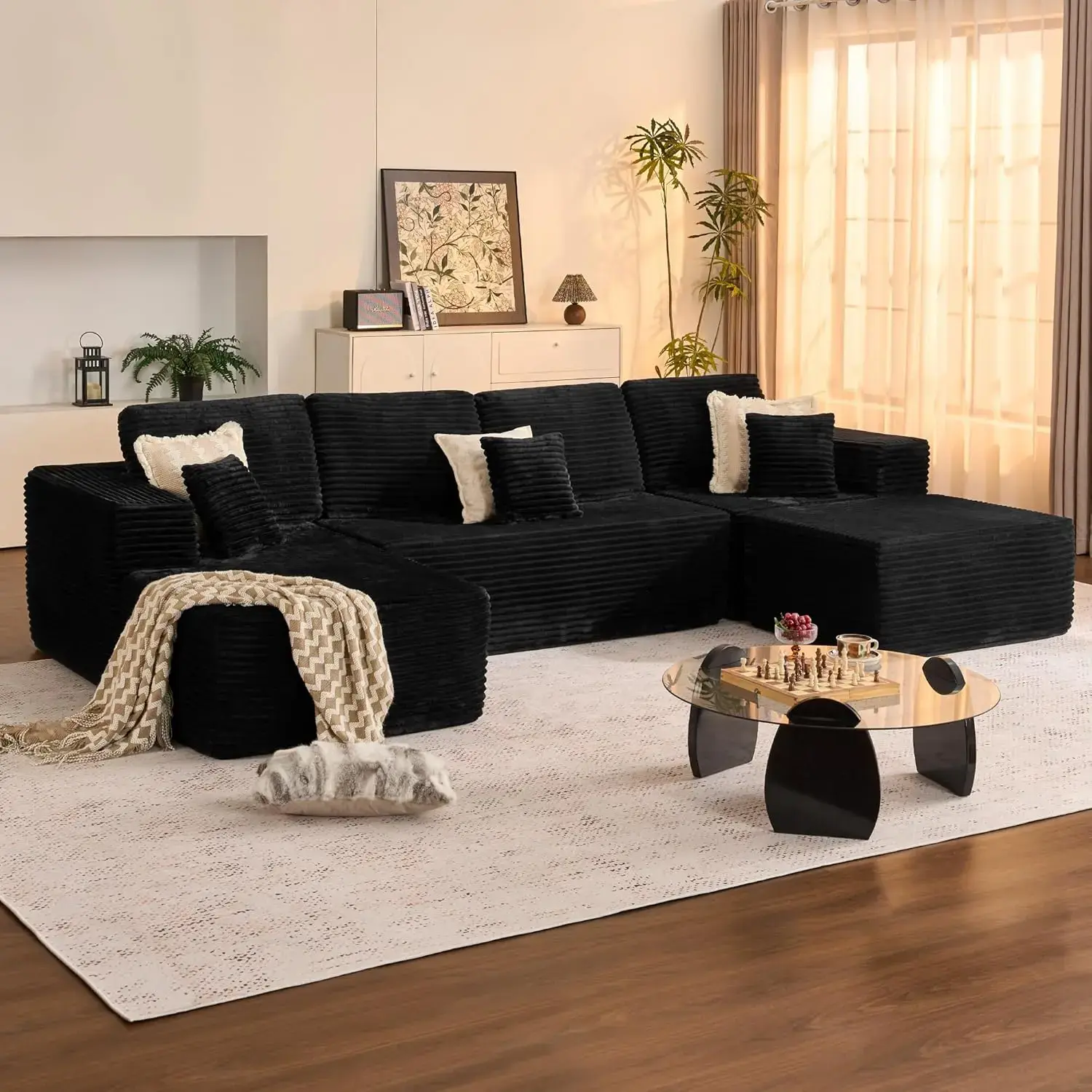 ModMood Boneless Sectional Couch for Living Room – 133" U-Shaped Cloud Couch, Corduroy Modular Sectional Couch with Ottoman, Cozy Deep Seat Couches for Living Room, 7 Free Pillows, Ships in 2 or 3 Packages furniture sofas， modularfurniture sofa tiktokshop