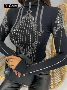 Women's Rhinestone Decor Mock Neck T-shirts, Elegant Long Sleeve T-shirts for Spring & Fall, Women's Clothing for Daily Wear, Casual Fashionable Top
