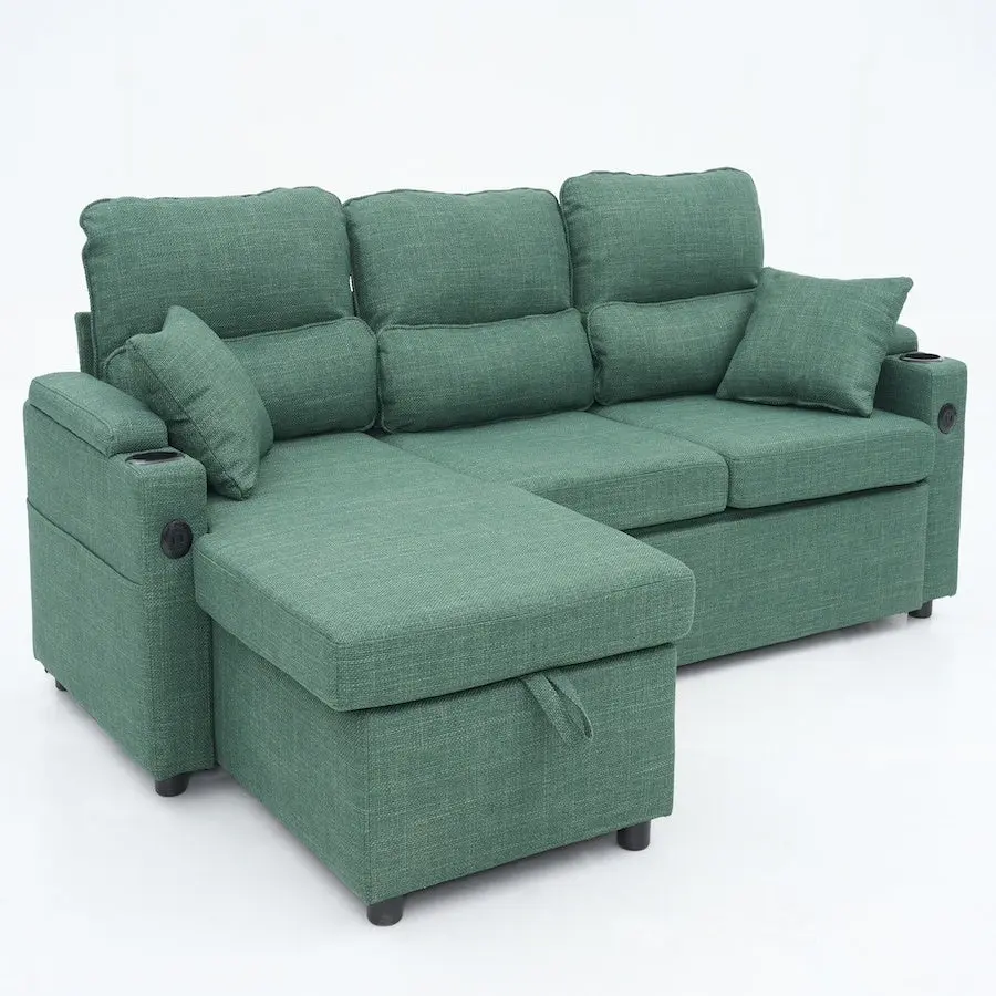Premium Convertible Sofa with 3 Hidden Storage Compartments & USB Charging Ports - 81x55x35 Inches, 100 lbs, Breathable Linen Fabric