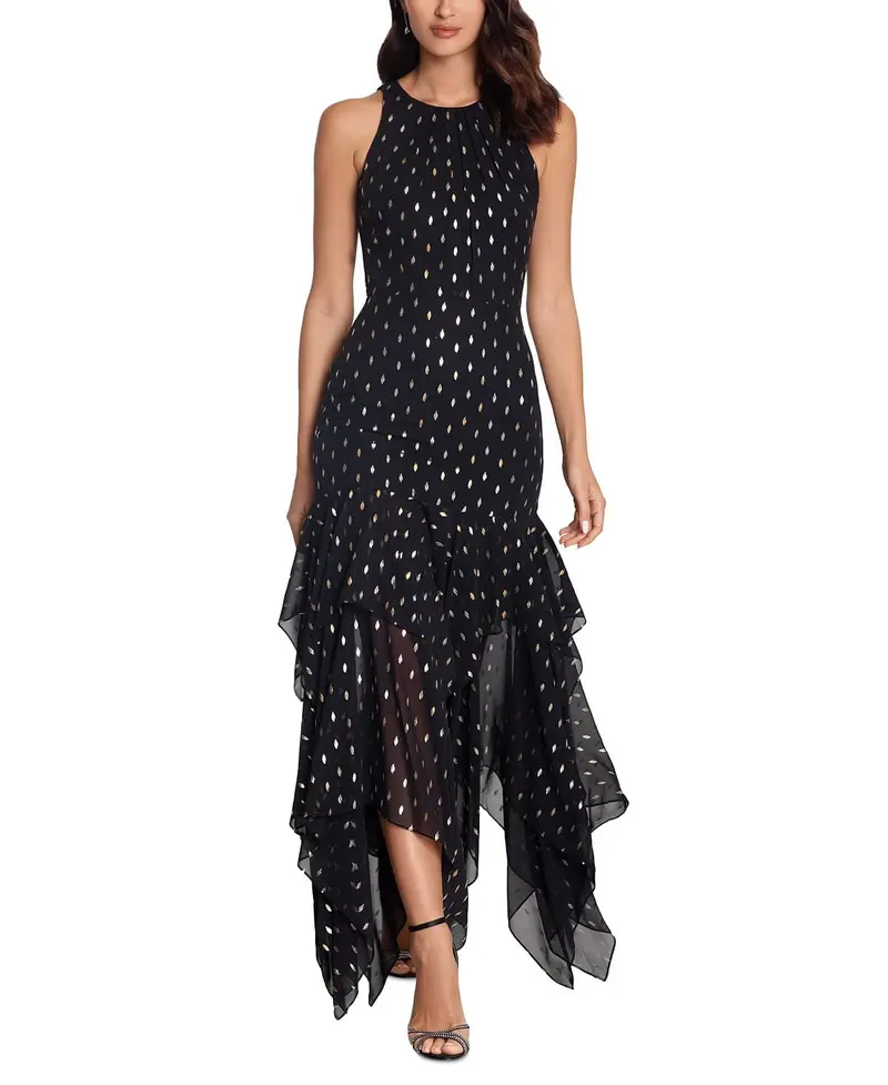 Betsy & Adam Women's Black Clip Dot Handkerchief Hem Gown Dress