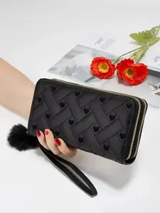 CYX Fashionable Heart Pattern Long Wallet with Pom Pom Charm, Casual PU Leather Zipper Wallet for Women, Trendy Versatile High-quality Daily Wallet, Quilted Wallet, Elegant Fashion Wallet, Stylish Wallet