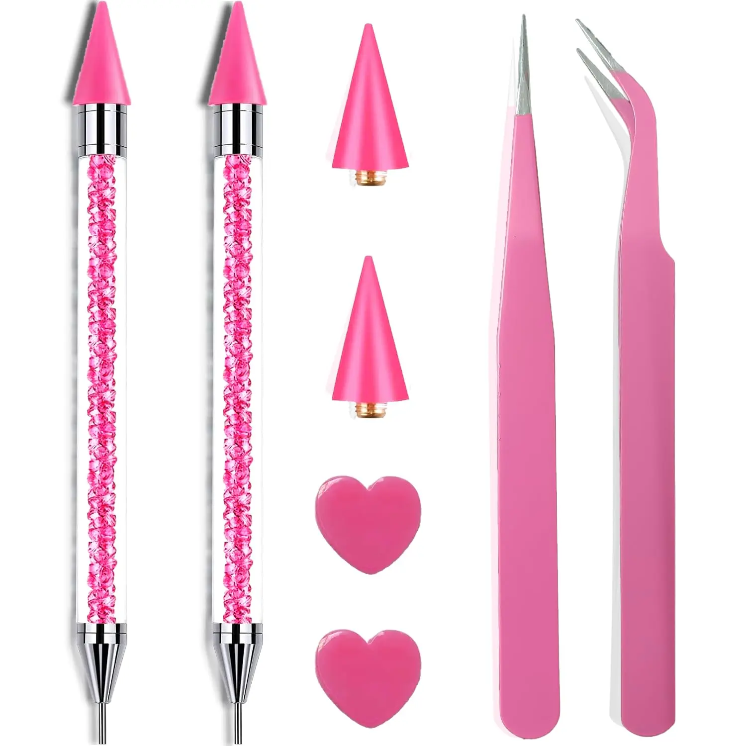 8 Pink Rhinestone Picker Tool Set - 2 Pcs Dual-Head Wax Pens with 2 Wax Tips and 2 Pink Tweezers, Wax Pencil for Rhinestones, Crystal Diamond Pickup Tool for Nail Art, Gem and Crystal Application Kit