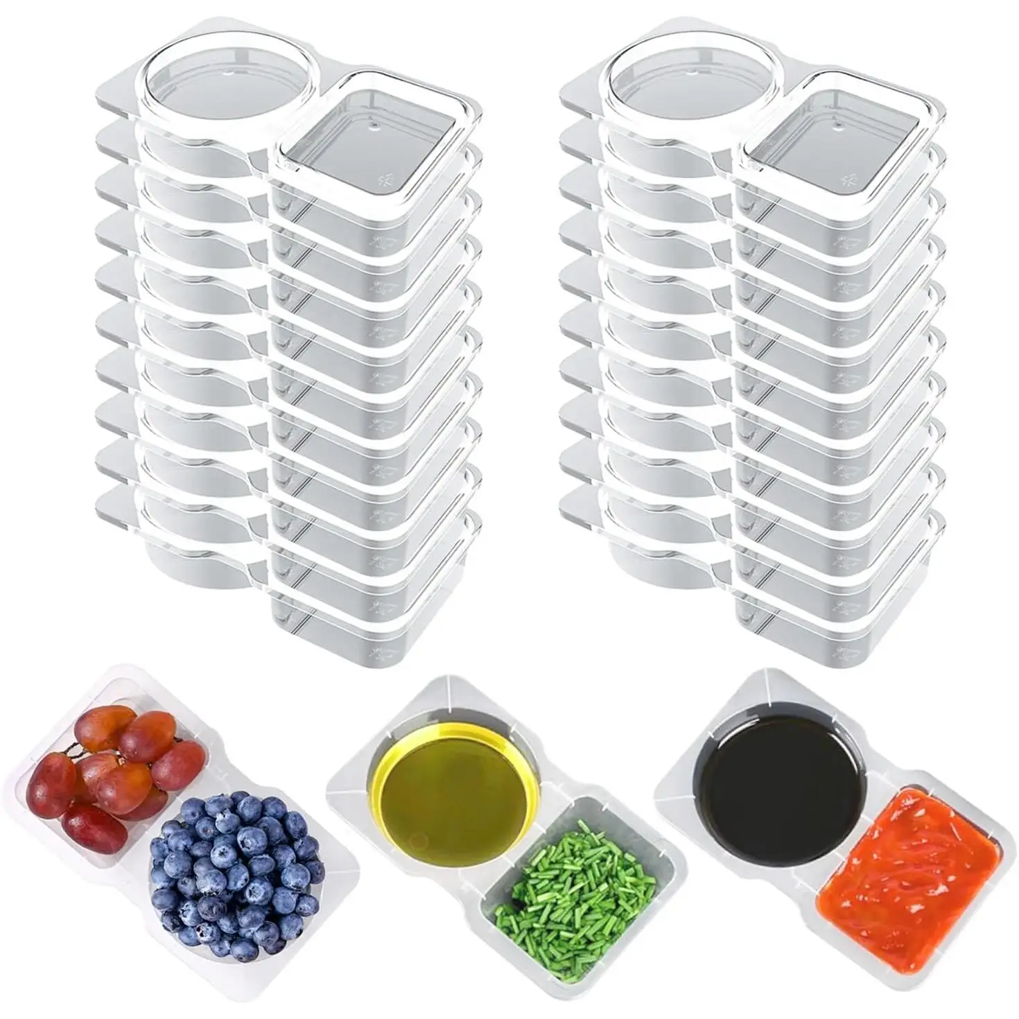 20 PCS Double Compartment Snack Containers with Lids Reusable Food Grade Plastic Dipping Containers for Refrigerator Takeaway Sauce Dip Case for Outdo