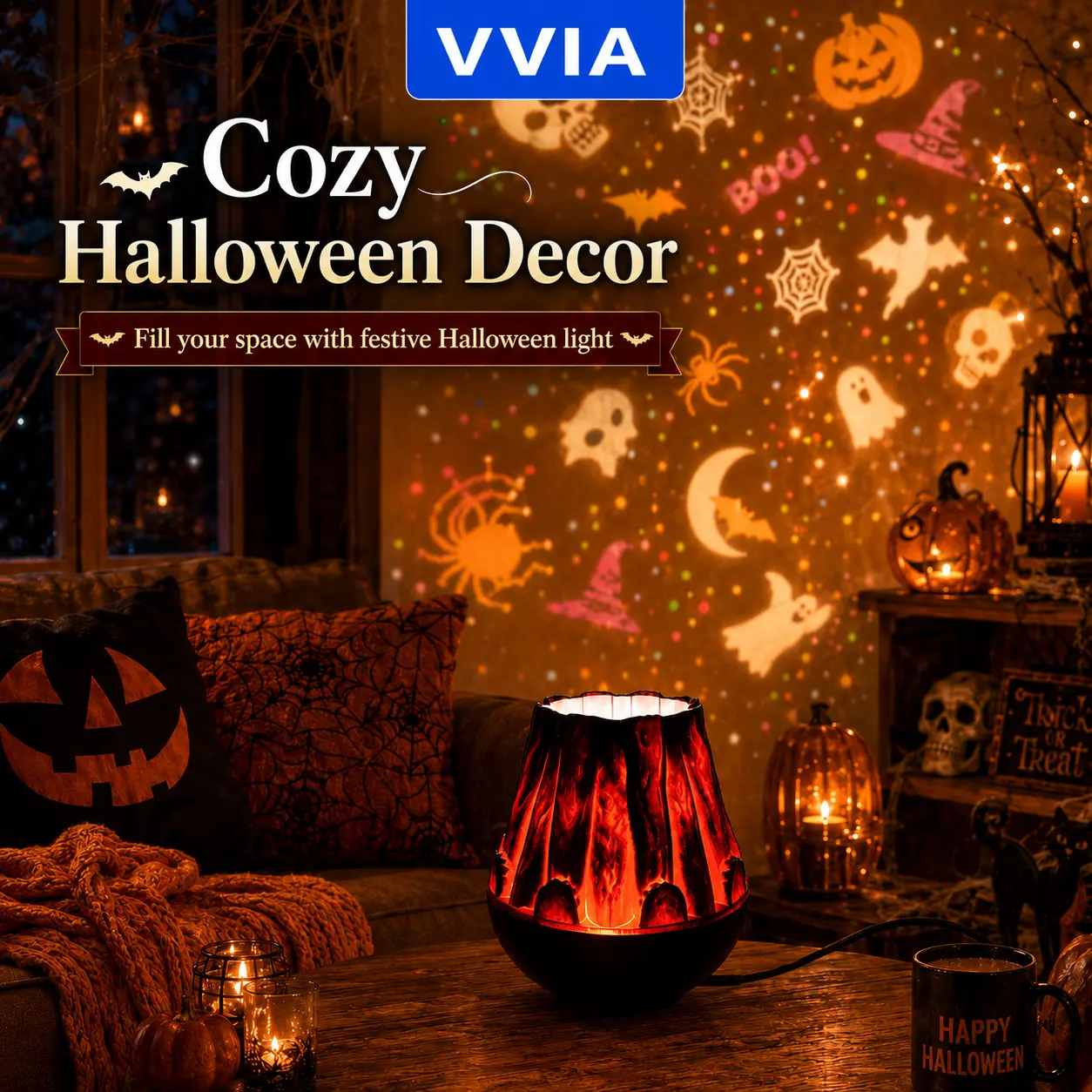 Halloween Projection Lamp with Flame Effect – Spooky Pumpkin & Ghost Projector Light for Cozy Holiday Decor