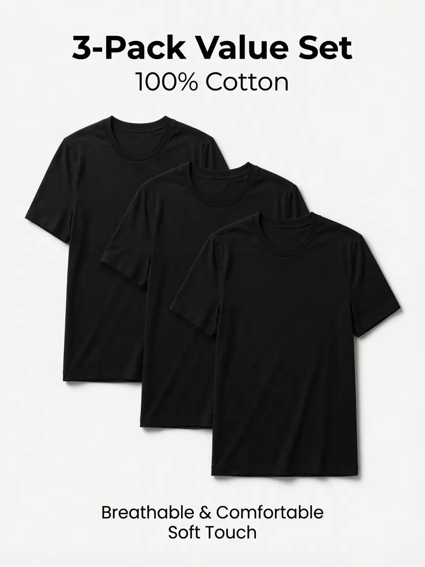 3-Pack Heavyweight Black Cotton T-Shirts – Unisex 180gsm Plain Crew Neck Basic Tees, Everyday Essential Outfit Set Breathable Soft
