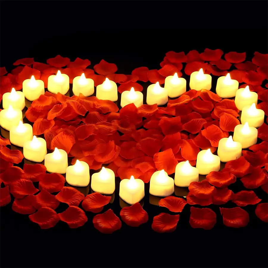 Heart-Shaped Silk-Like Artificial Rose Petals & LED Candles Large Pack - 2000 4cm Diameter Petals, 24 LED Candles, Decor for Him, Valentine's Day Home Table Accents