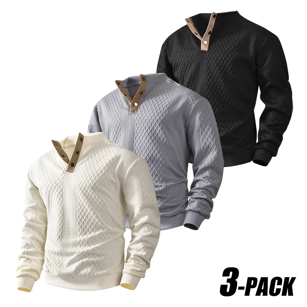 3-PACK Men Diamond Jacquard Textured Henley Collar Long Sleeve Sweatshirts, Button Placket V Neck Knit Pullover Tops, Lightweight Breathable Stretch Sweatshirts For Business Commute Weekend Outdoor Daily Three Color Multipack