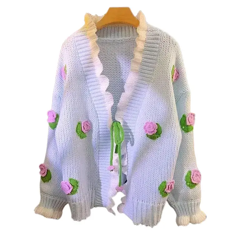 Women's Handmade Floral Knit Cardigan, Cute V-Neck Sweater with 3D Flowers, Cozy Casual Long Sleeve Top, Style, Piece, Tops, Knitwear, Holiday, Wool, Free Size, Longsleeves, Normal Type