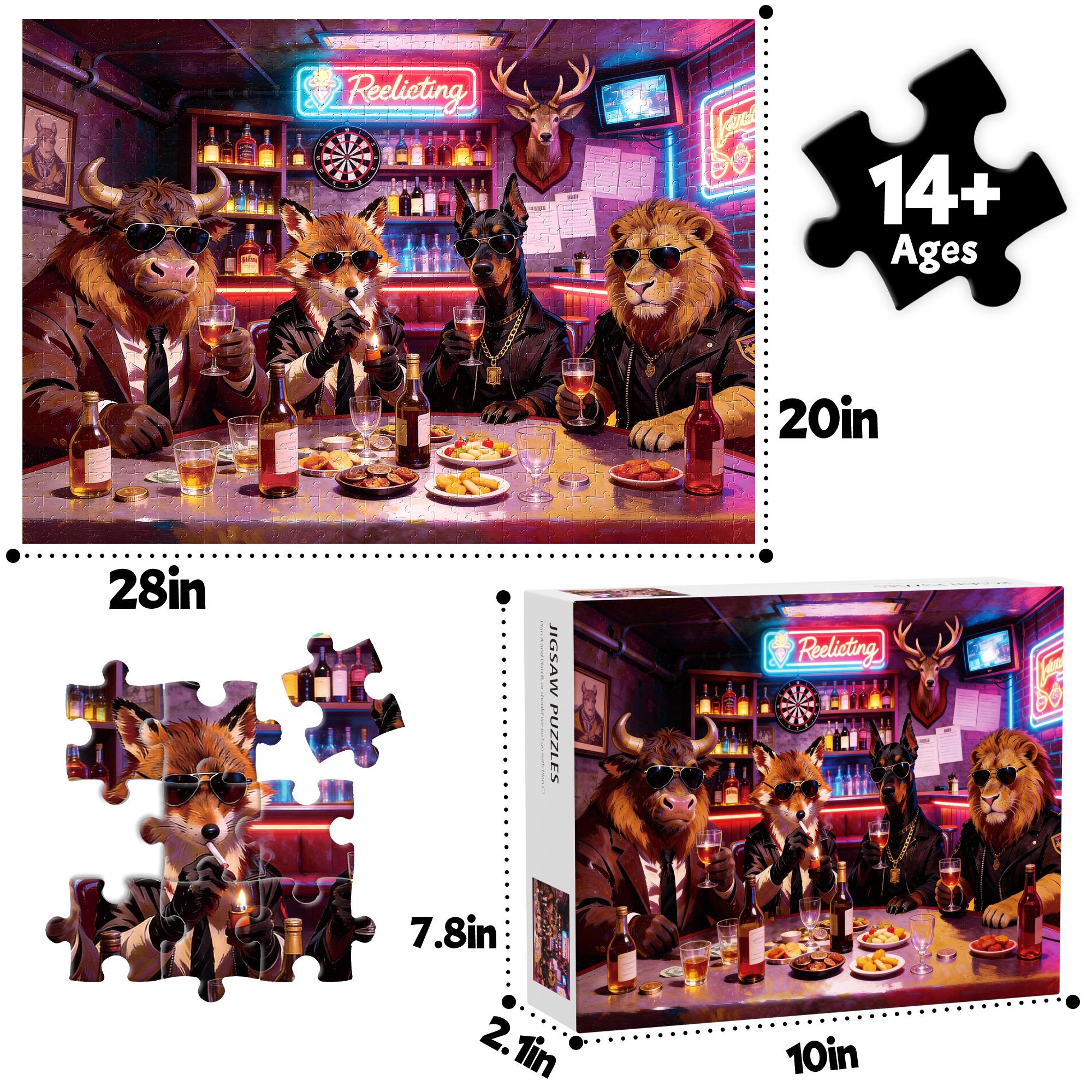 Jigsaw Puzzles for Adults 1000 Pieces, Neon Bar Animals in Suits Vintage Pop Art Jigsaw with Fox, Lion, Bull & Dog in Shades, 28x20 Inch Cool Wall Art