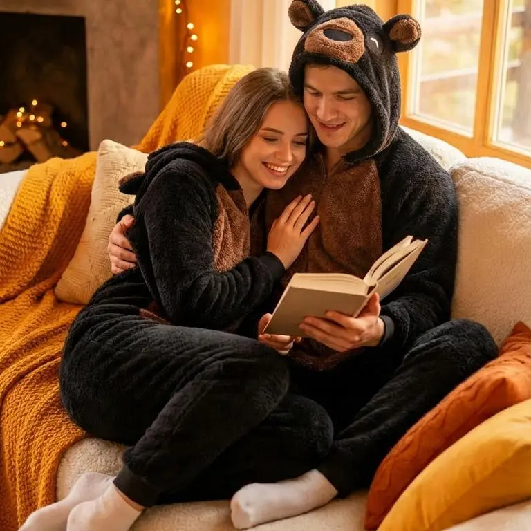 Men's Cute Bear Onesie, Plain Fleece Hooded Pajamas for Animal Cosplay, Cozy Warm Long Sleeve Sleepwear