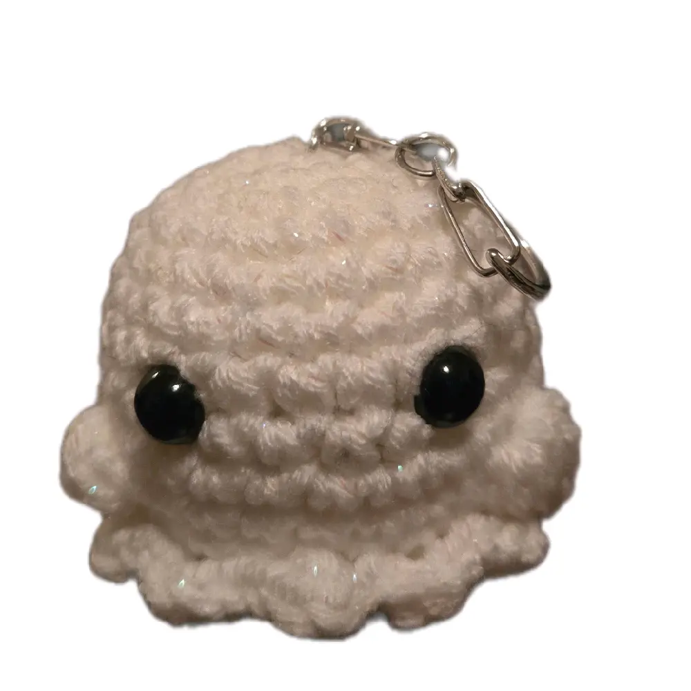 Crochet Ghost Keychain Halloween Decor for Spooky Season with Sparkly Details and Black Eyes