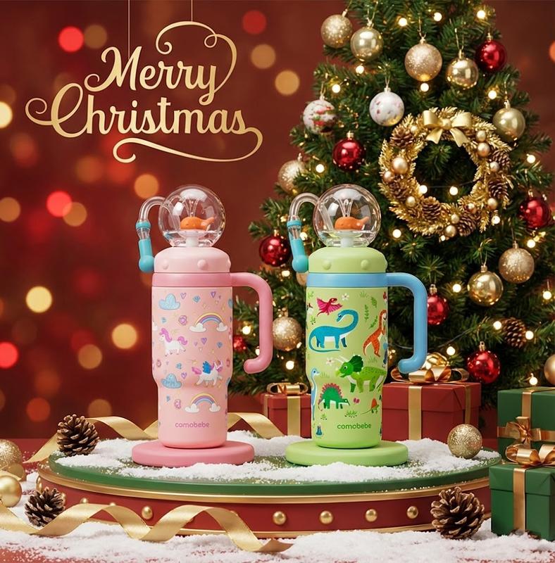 【COMOBEBE】24oz Stainless Steel Whale Fountain Tumbler with Handle – Two Lids, Spill-Proof, Dishwasher Safe, Cute & Perfect for Teens, and Adults Water Bottles Sturdy Drinkware Flasks