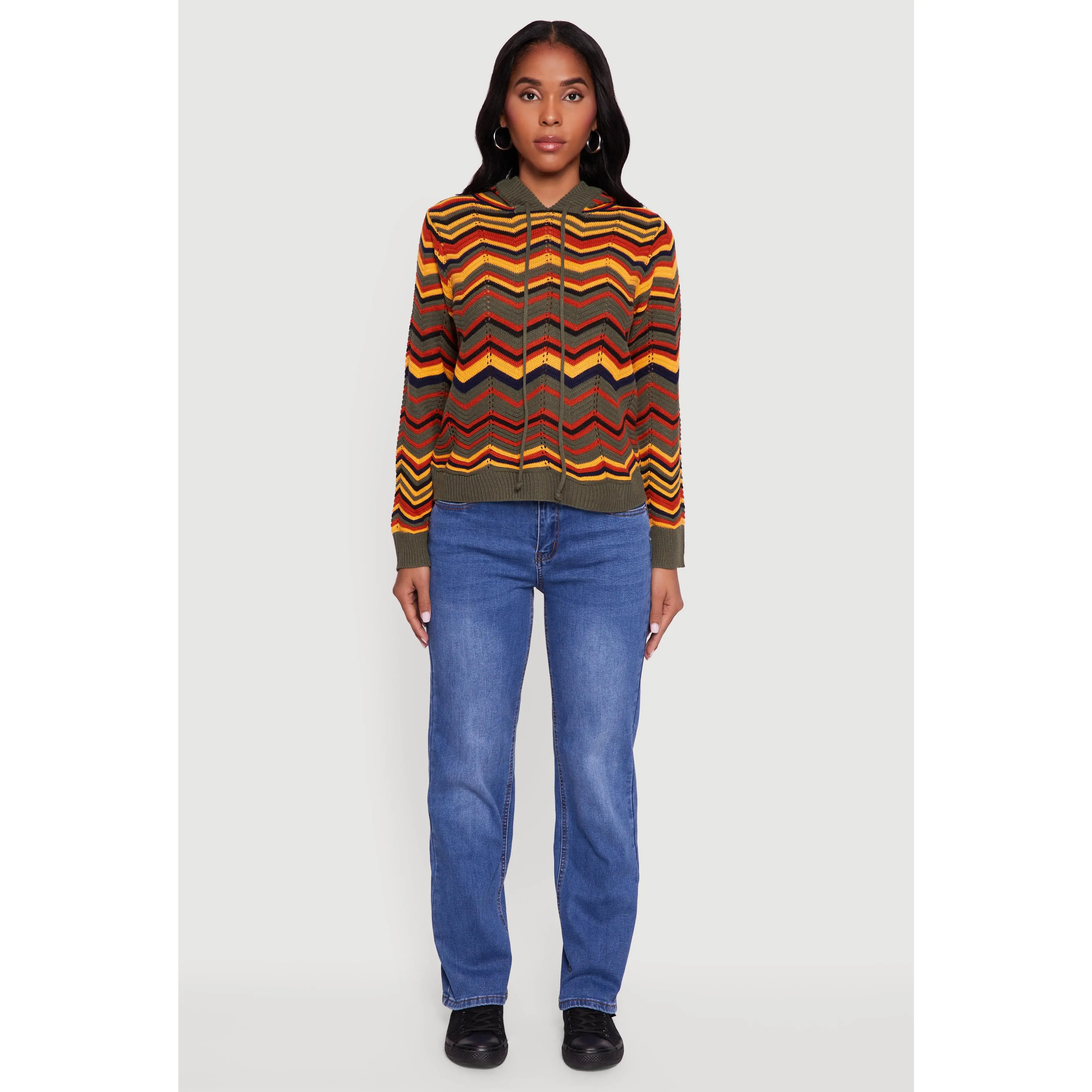 Chevron Pointelle Knit Sweater Hoodie