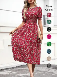 Women's Ditsy Floral Print Bubble Sleeve Dress, Round Neck Fitted Design, All-Season Boho Style, Perfect for Casual Wear