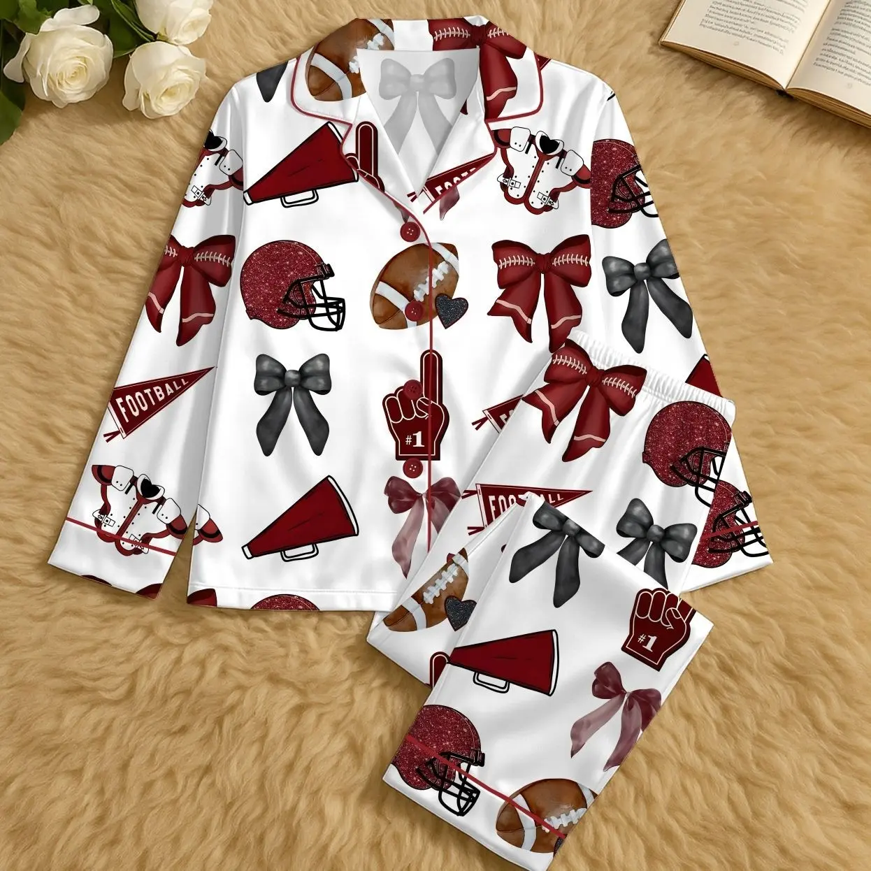 Football Cheerleader Pajama Set, Glitter Helmet & Bow Print Satin Sleepwear