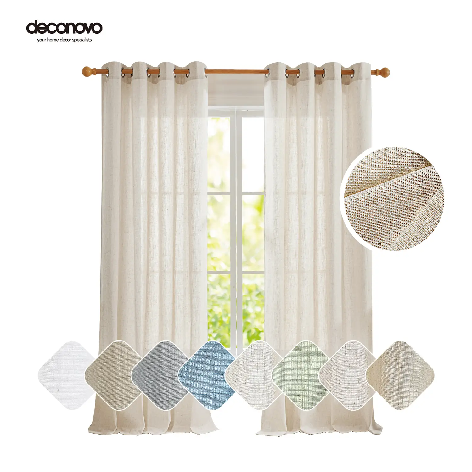 Deconovo Linen Curtains, 2 Panels, Light Filtering Farmhouse Curtains - Boho Grommet Solid Textured Semi Sheer Drapes for Living Room, Bedroom, Dining