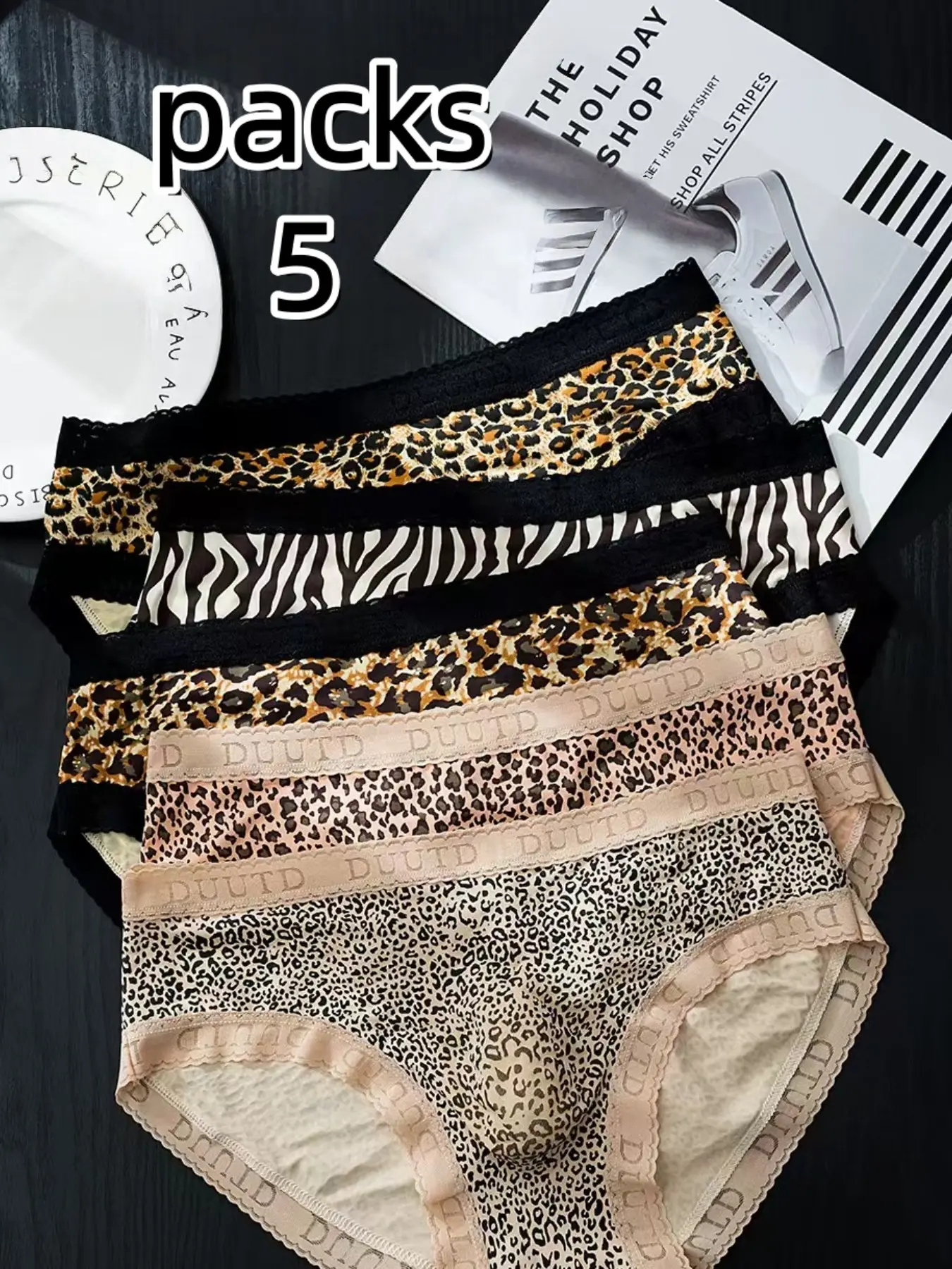 5-Pack Men's Ice Silk Invisible Triangle Underwear, Wild Leopard & Zebra Print, Lace Waistband, Cool Breathable Summer Boxer Briefs