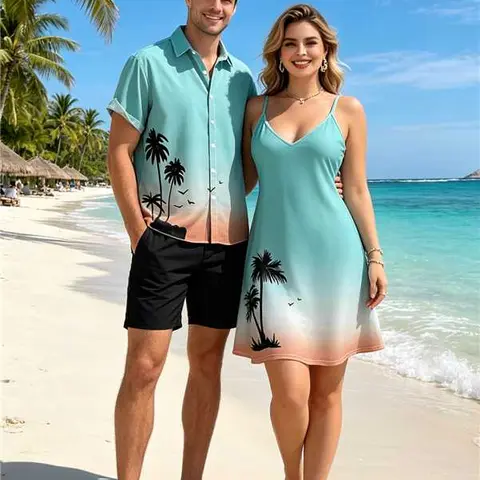 2026 Couple Set Ombre Palm Tree Print Hawaii Vacation Spaghetti Strap V Neck A Pendulum Mini Dress And Short Sleeve Shirt Matching Outfit Womenswear