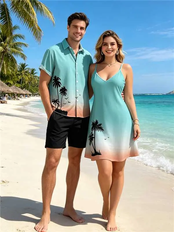 2026 Couple Set Ombre Palm Tree Print Hawaii Vacation Spaghetti Strap V Neck A Pendulum Mini Dress And Short Sleeve Shirt Matching Outfit Womenswear