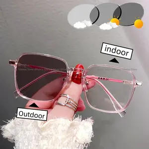 Fashion Ladies Photochromic Glasses Luxury Square Frame Reading Glasses for Women Unisex Color Changing Presbyopia Sunglasses