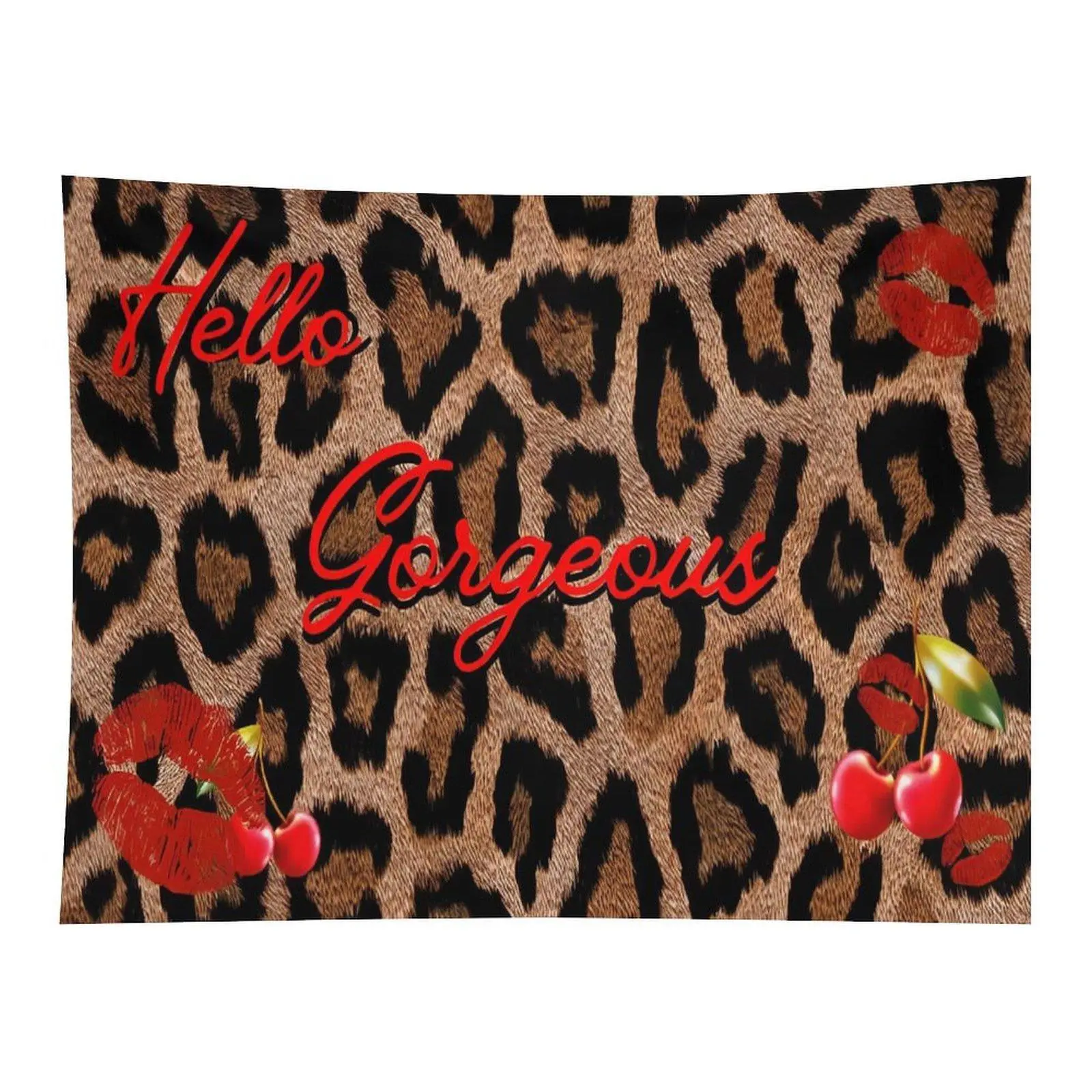 Hello Gorgeous Leopard Print Wall Tapestry Retro Lips Cherry Vintage Glam Style Art Hanging for Girls Room Bedroom Decor