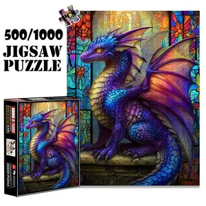 1pc 1000 piece adult puzzle 70x50cm Colorful Fantasy Dragon in Front of Stained - Glass Windows 500 pieces of paper jigsaw puzzle, suitable for adults and families, large-scale DIY puzzle interact