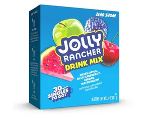 Jolly Rancher Singles To Go Variety Pack, Powdered Drink Mix, Zero Sugar, Low Calorie, Includes 4 Flavors: Green Apple, Blue Raspberry, Cherry, Watermelon, 1 Box (30 Single Servings)