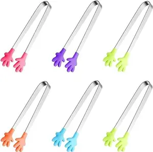 6PCS Mini Tong, Hand Shape Silicone Food Tongs,  Kid Tongs for Sugar Cubes, Serving Food, Perfect for Kids Utensils Plastic Stainless Steel