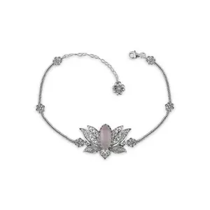 Filigree Art Silver Rose Quartz Gemstone Lotus Flower Design Woman Link Bracelet