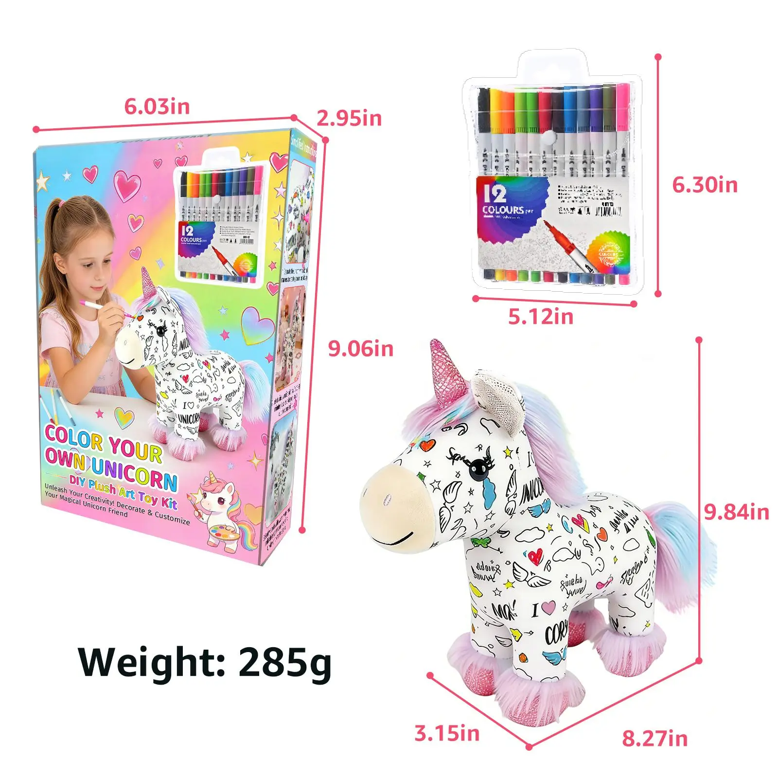 The birthday gift kids unicorns This DIY unicorns for kids  plush comes with 12 washable markers—draw, pre-printed outlines, and a ready-to-gift box. It’s soft, washable, and reusable—draw, wash, and create new designs over and over again!
