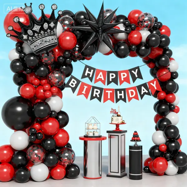 Metallic Red Black White Mature Birthday Decor Set - Garland, 22inch Foil Balloons, Happy Birthday Banner, Fringe Curtains, Reusable Photo Backdrop, 5inchx20 & 10inchx15 Pieces for Adult Milestone Parties (16th,18th,21st,40th,50th,60th), Confetti