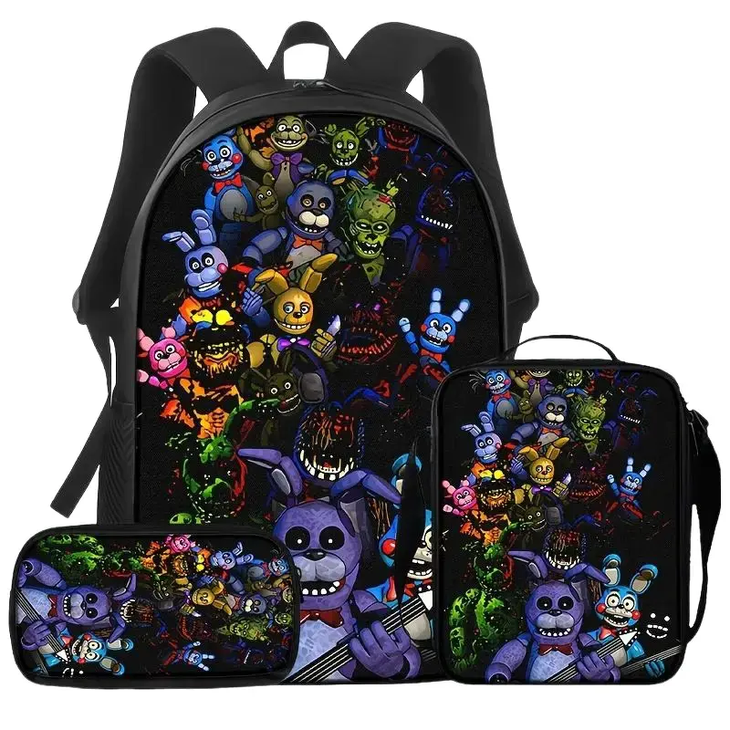 Dark Stylized Character Print 3Pcs Backpack Set, 1/2/3Pcs Optional With Shoulder Bag & Pouch For Teen Fans School Commute Outdoor Fan Gift