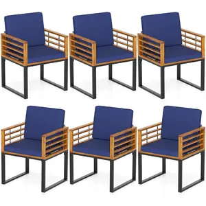 COSTWAY - Outdoor Acacia Wood Patio Dining Chairs Set of 6 with Seat Back Cushions-Navy