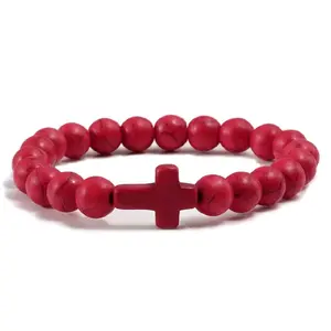 Messiah Hope Bracelet - 8 MM Turquoise Stone with Elastic String, Red Beads, Cross Design, Timeless Accessory for Versatile Wear