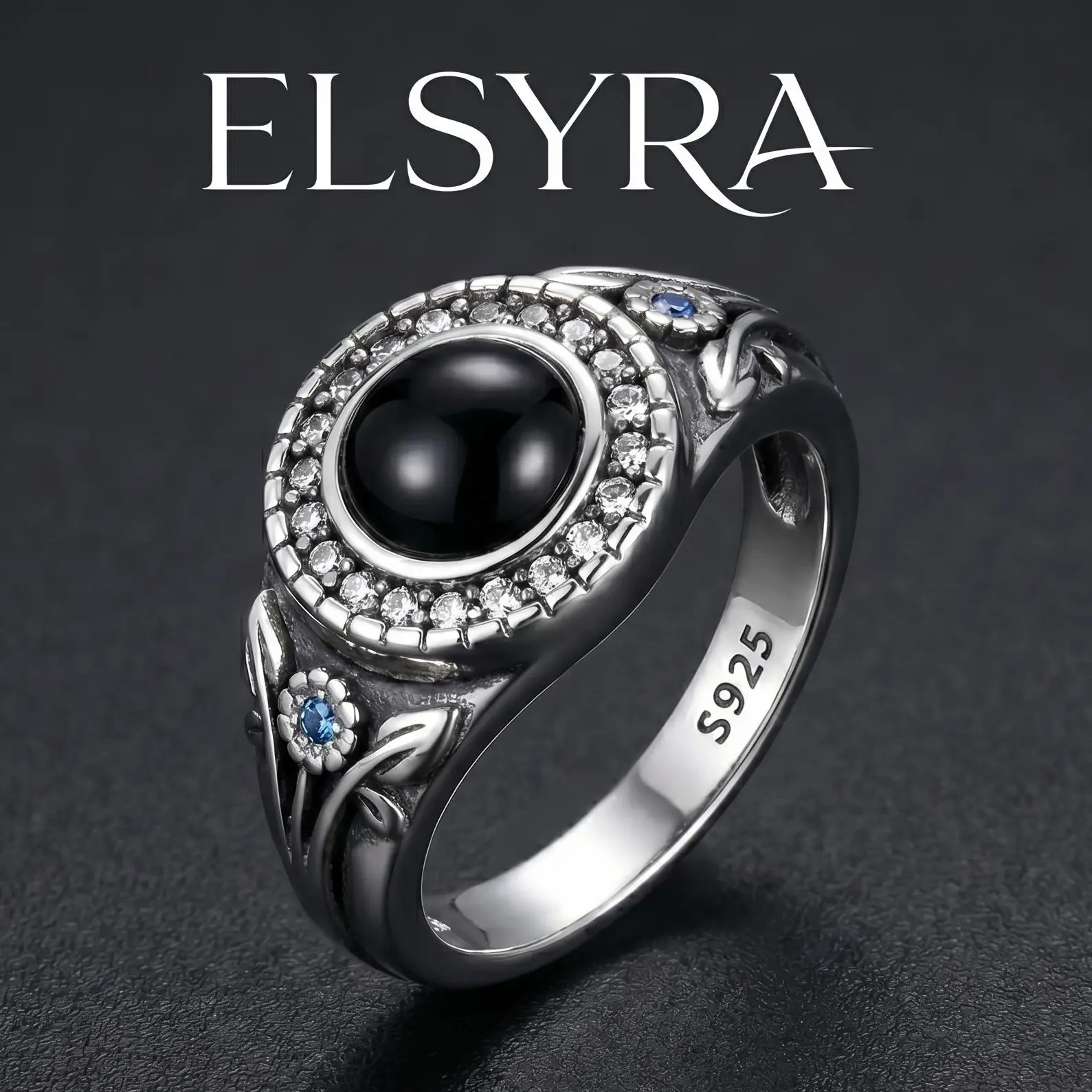 S925 Sterling Silver "Midnight Bloom" Floral Ring with Black Onyx Halo & Blue Accents, Vintage Gothic Statement Jewelry for Women, Dark Academia Valentine's Day Gift, Rhinestone Decor Ring