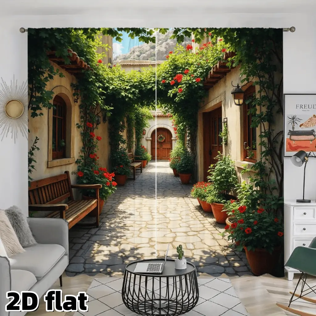 2D Flat 2Pcs Mediterranean Alley Garden Curtains, Red Flowers Green Plants, Cobblestone Path Design, Rod Pocket Style, Semi Sunshade Polyester Fiber, Suitable for Home Living Room, Bedroom, Balcony, Kitchen, Study and Dining Window Decoration,