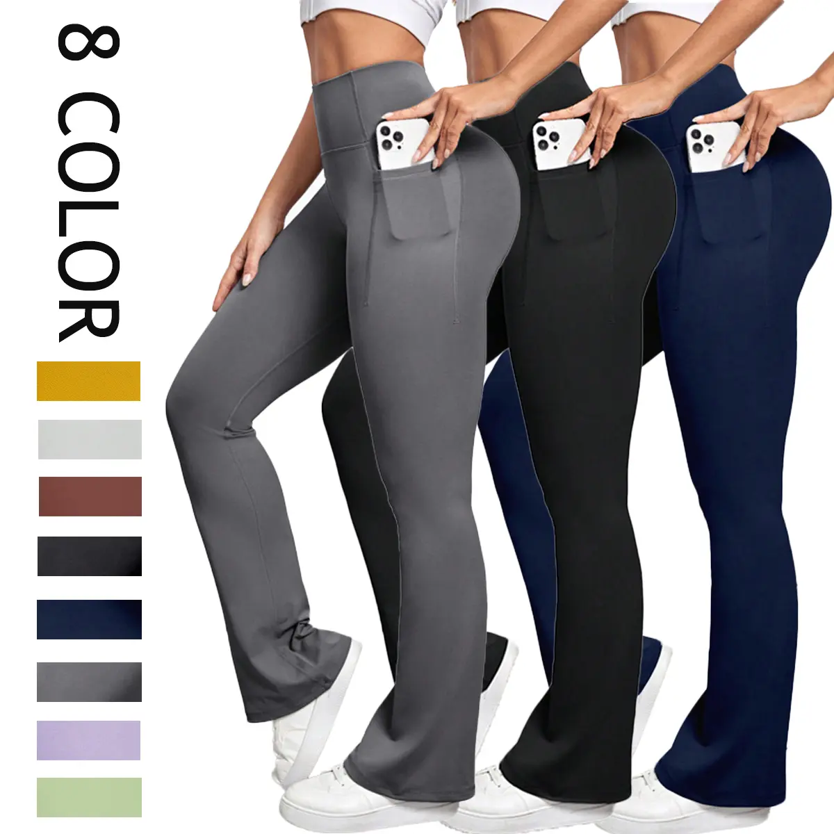 Kabuer Women's Solid Color Stretch Fabric Activewear High-Waisted Flare Leggings - Sporty, Soft, Pocketed Yoga Bottoms for Gym, Running (8 Color Options), Solid Color Leggings