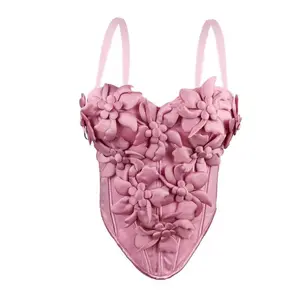 Women's Sleeveless Floral Slim-Fit Boned Bustier Top, Spaghetti-Strap Corset Camisole Inner Wear