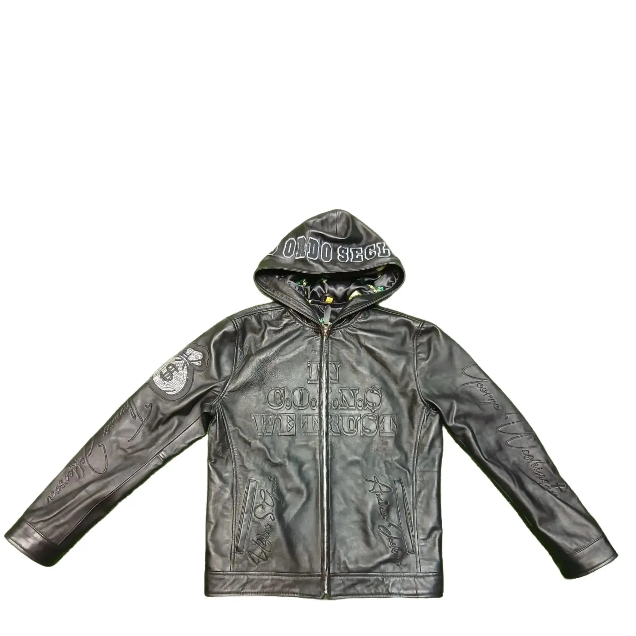 ALWAYS TOUCH MONEY A.T.M All Black Lambskin Leather Hoodie with Zipper Closure Stylish Design & Satin Lining