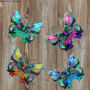 4-Count Colorful Butterfly Design Iron Wall Art Decor, Outdoor Backyard Garden Decor, Modern Hanging Fence Ornaments for Patio Home, Backyard Decor