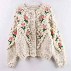 H.SA 2022 New Women Winter Handmade Sweater And Cardigans Floral Embroidery Hollow Out Chic Knit Jacket Pearl Beading Cardigans Knitwear Sleeve Knitwear Sleeve Womenswear Casual