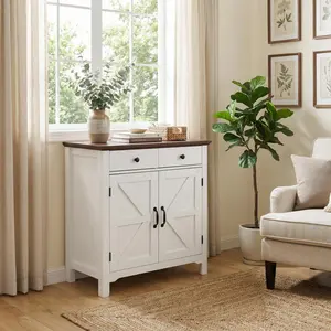 Homy Casa Farmhouse Sideboard & Buffet Cabinet Set, Rustic White Storage Cabinets with Barn Doors for Kitchen, Living Room or Entryway, Holiday Gift for Home