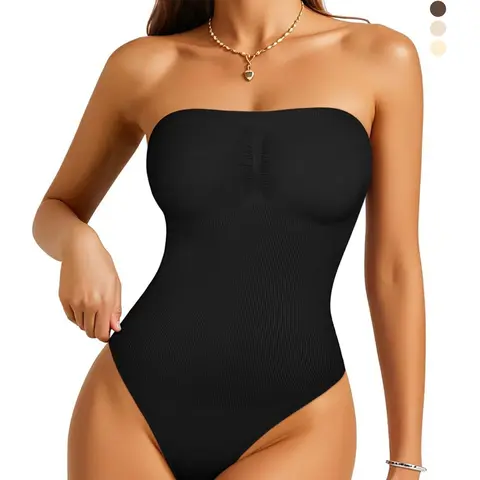 Strapless Essential Minimalist Fashion Shapewear Underwear Bodysuit for Women - Smooth Thong Bodysuit Tummy Control Tube Top Body Suits with Removable Strap Shaper Bodysuits