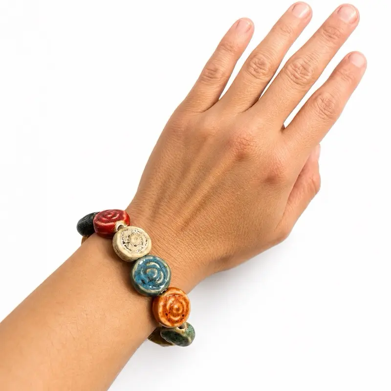 Handcrafted Artisan Clay Stretch Bracelet | Colorful Ceramic Bead Bracelet | Boho Fashion Jewelry | Comfortable Everyday Wrist Accessory
