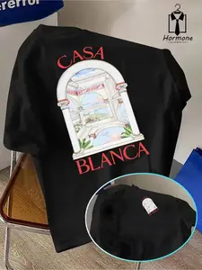 Trendy Casablanca architectural printed short sleeved American light luxury style loose couple's top suitable for daily wear in summer, fashionable and casual street style, men's comfortable style