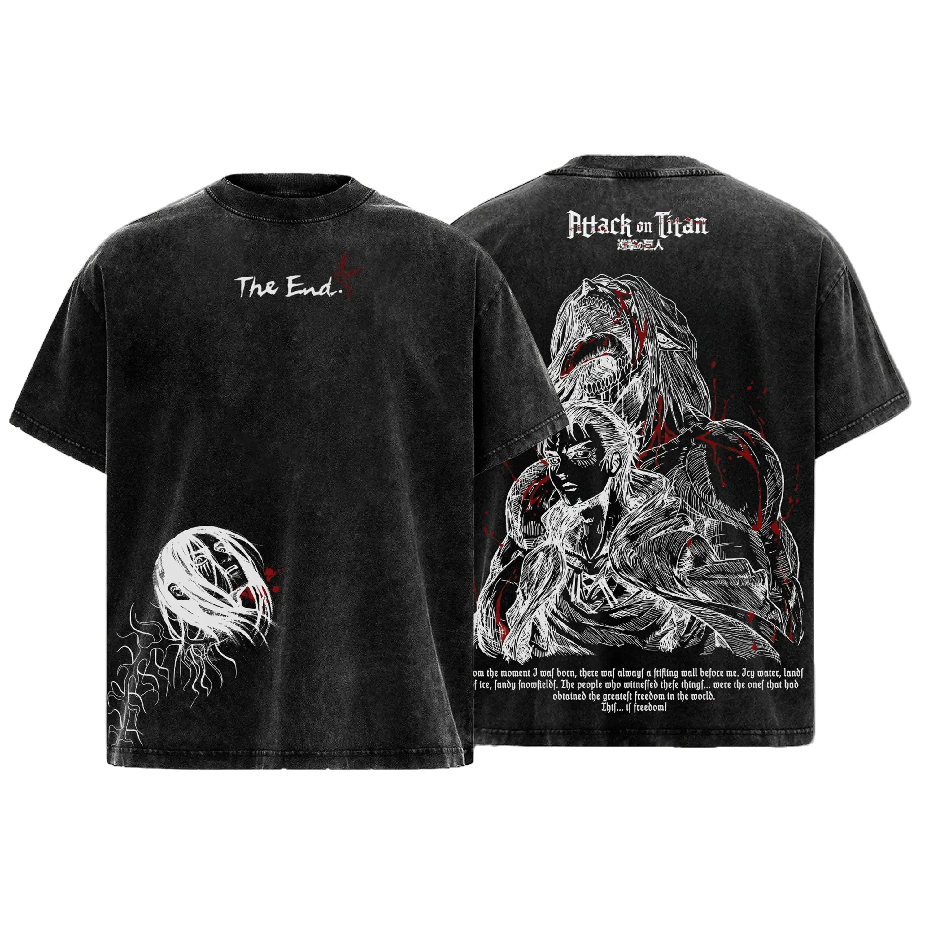 Eren Yeager Attack on Titan Print T-Shirt for Men, Vintage Washed Oversized Heavy Cotton Short-Sleeve Casual Top, Unisex Streetwear Fabric Tee