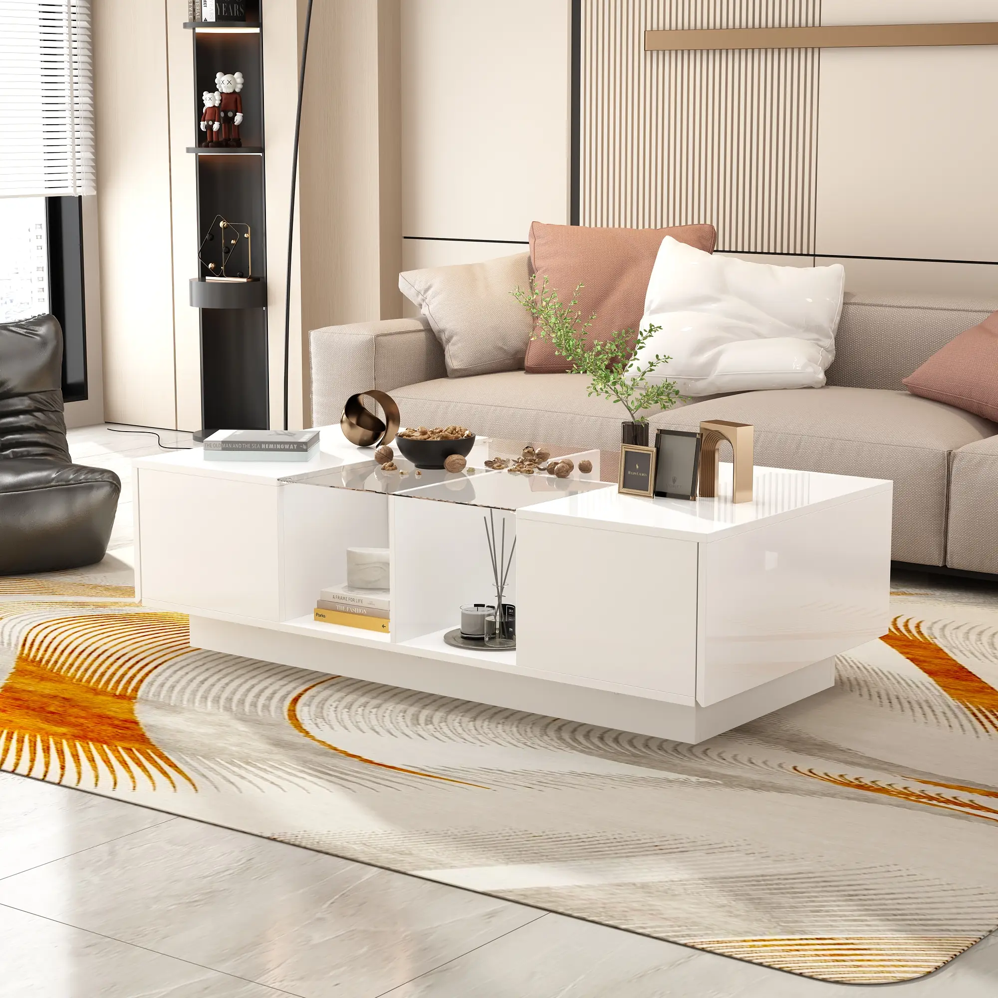 FUFU&GAGA Modern LED Coffee Table with Drawers & Open Compartments, Rectangle Coffee Center Table with Glass Top for Living Room