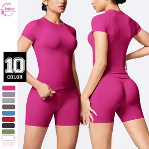 Jetjoy Women's Seamless 2-Piece Workout Sets - Short Sleeve Top, Scrunch Bum Above Knee Shorts, Moisture-Wicking High Performance Slim Fit Summer Activewear for Fitness Training, Workout Sets For Women, Gym Sets summerwins,summerwins