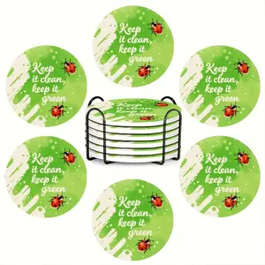 6PC, round ceramic coasters, keep clean, keep green theme, high temperature resistant and non-slip, exquisite home and restaurant decoration, suitable for sideboards, home decor and parties, perfect restaurant gift ideas, housewarming gift