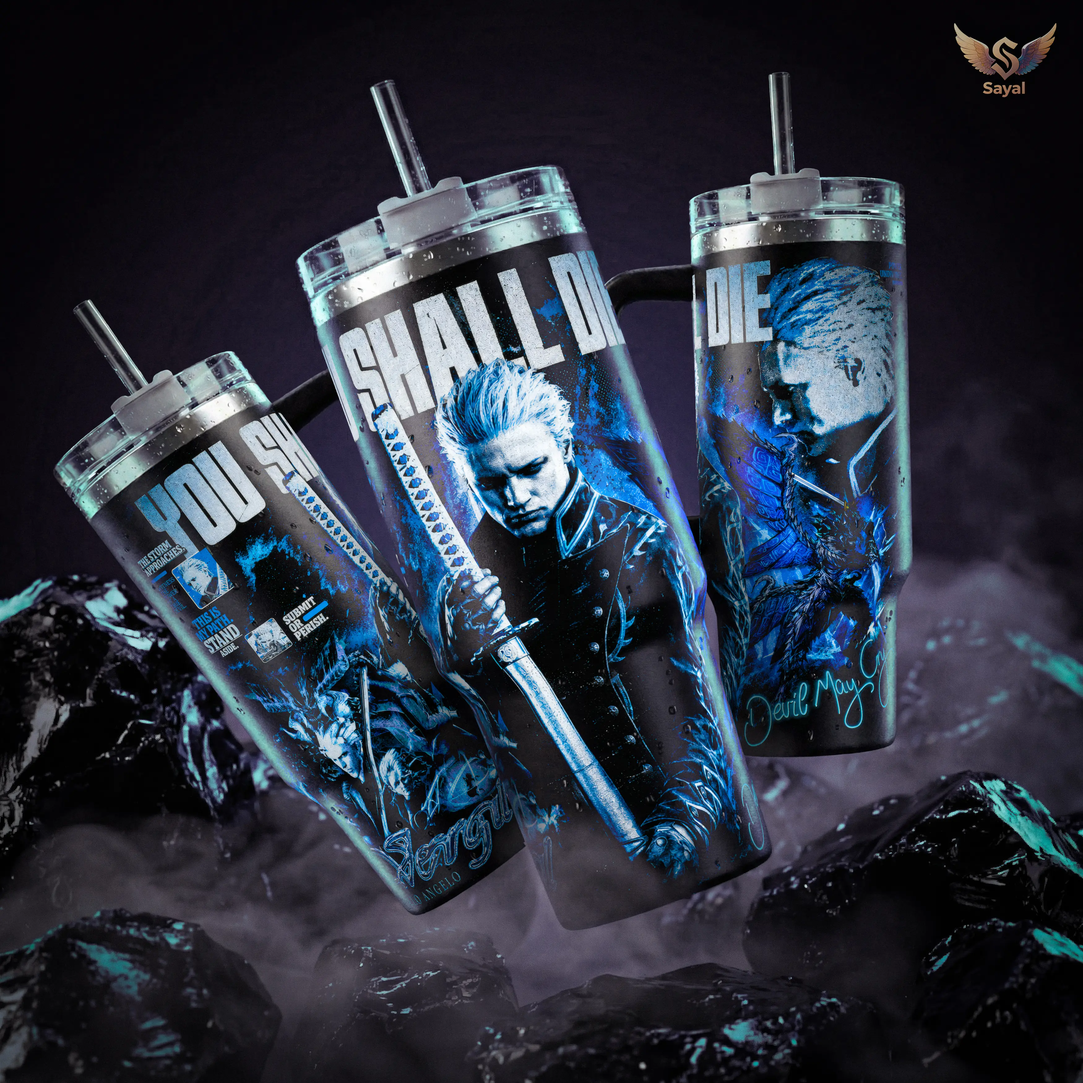 Vergil - Devil May Cry 40 20 oz Insulated Tumbler Stainless Steel Handle Straw Keeps Drinks Hot Cold Blue Nelo Angelo Gaming Merch For Fans Drinkware Water Bottles Cup Portable Mug